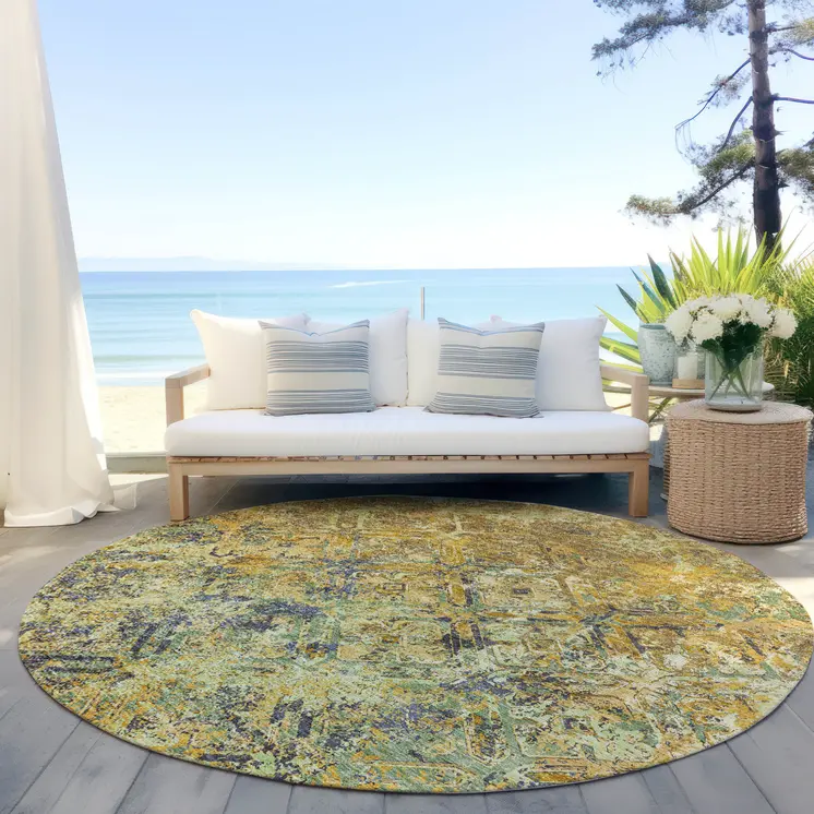 8' Gold Beige And Gray Round Geometric Washable Indoor Outdoor Area Rug