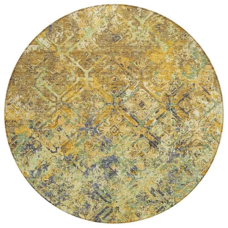 8' Gold Beige And Gray Round Geometric Washable Indoor Outdoor Area Rug