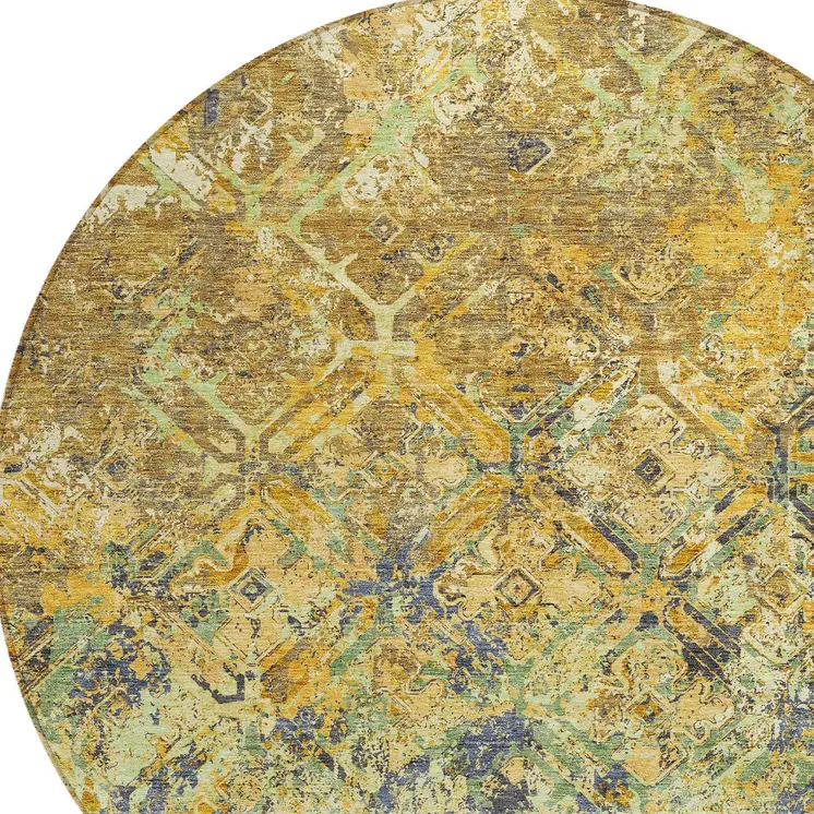 8' Gold Beige And Gray Round Geometric Washable Indoor Outdoor Area Rug