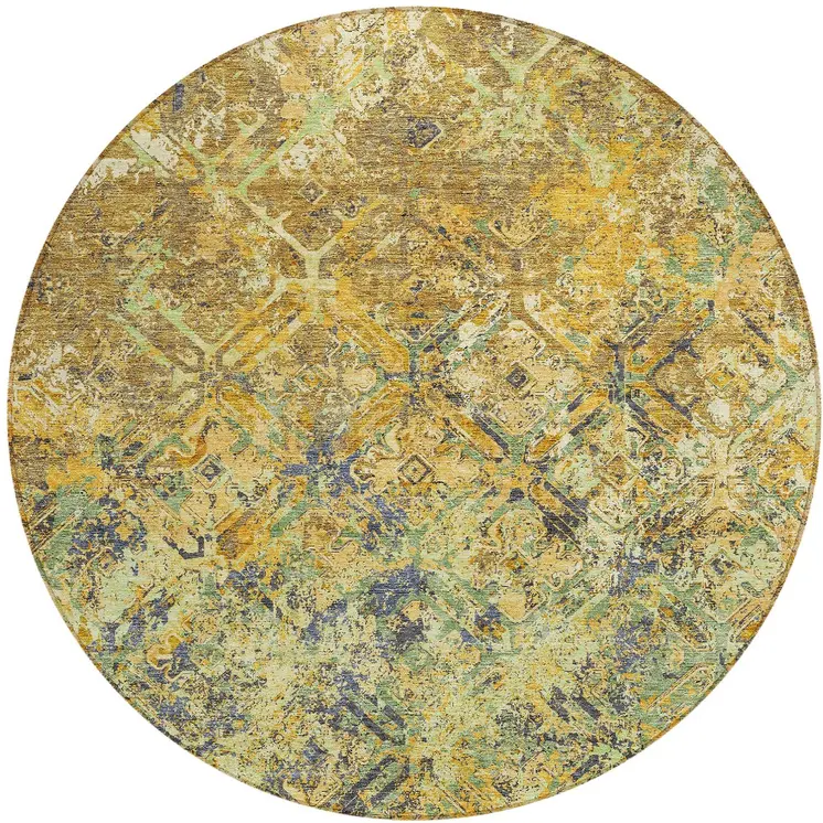 8' Gold Beige And Gray Round Geometric Washable Indoor Outdoor Area Rug