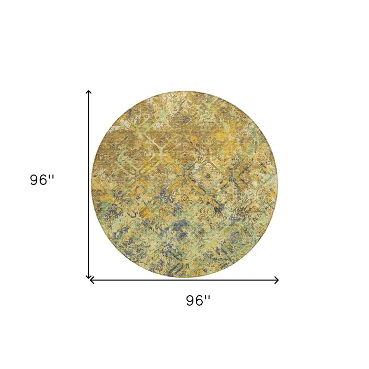 8' Gold Beige And Gray Round Geometric Washable Indoor Outdoor Area Rug