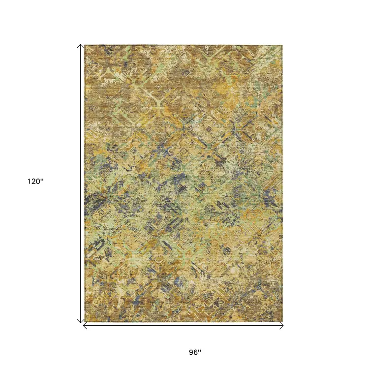 8' X 10' Gold Beige And Gray Geometric Washable Indoor Outdoor Area Rug