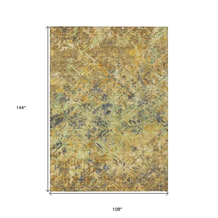 9' X 12' Gold Beige And Gray Geometric Washable Indoor Outdoor Area Rug