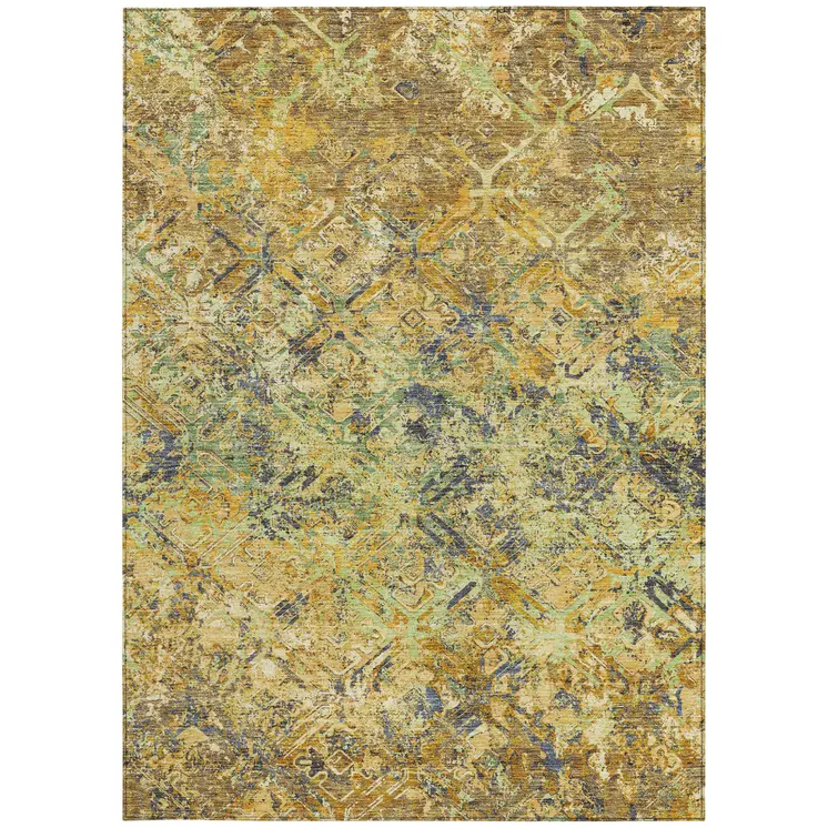 10' X 14' Gold Beige And Gray Geometric Washable Indoor Outdoor Area Rug