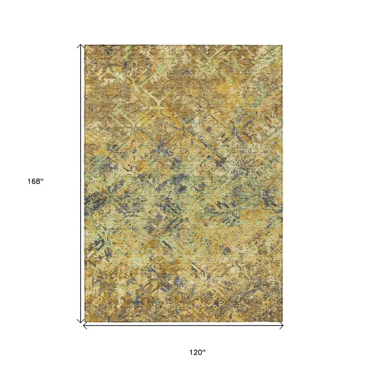 10' X 14' Gold Beige And Gray Geometric Washable Indoor Outdoor Area Rug