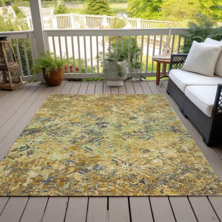 10' X 14' Gold Beige And Gray Geometric Washable Indoor Outdoor Area Rug