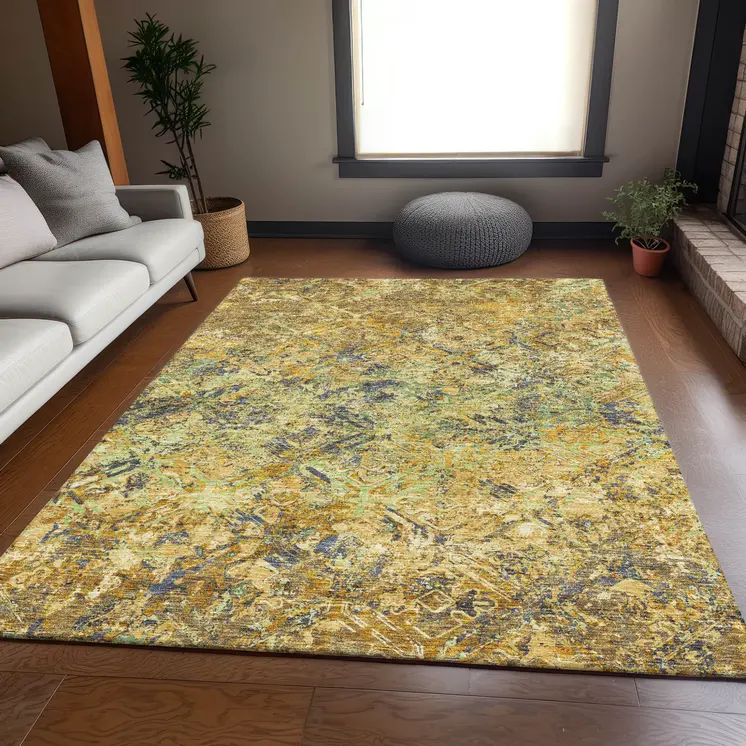 10' X 14' Gold Beige And Gray Geometric Washable Indoor Outdoor Area Rug