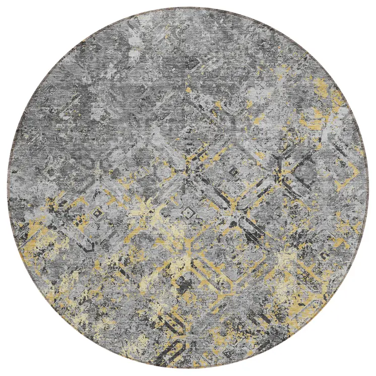 8' Gray Silver And Charcoal Round Geometric Washable Indoor Outdoor Area Rug