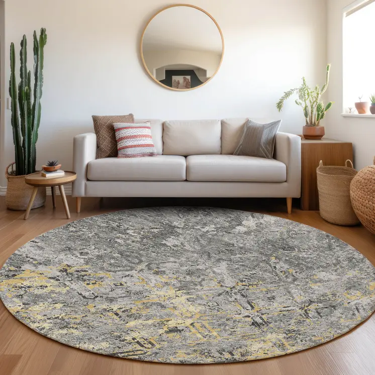 8' Gray Silver And Charcoal Round Geometric Washable Indoor Outdoor Area Rug