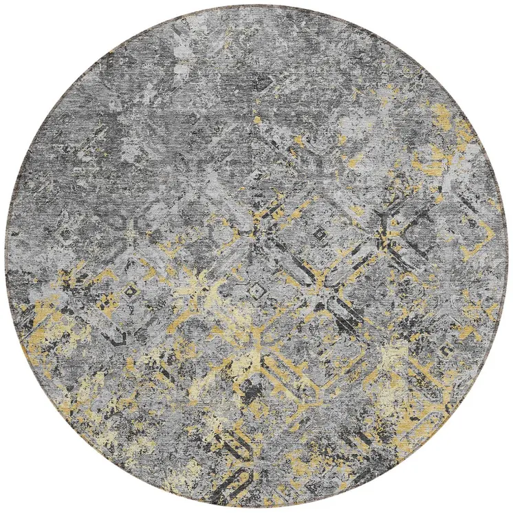 8' Gray Silver And Charcoal Round Geometric Washable Indoor Outdoor Area Rug