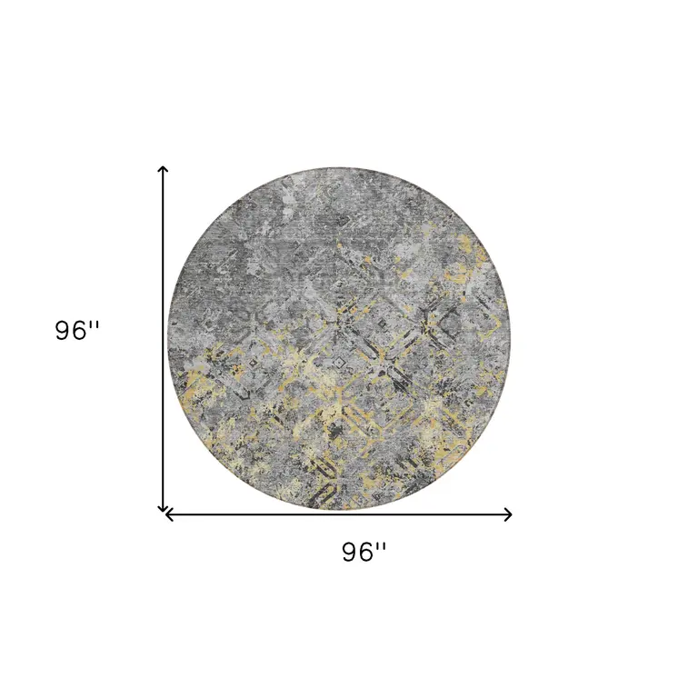 8' Gray Silver And Charcoal Round Geometric Washable Indoor Outdoor Area Rug