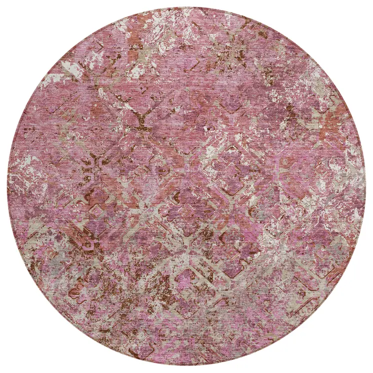 8' Pink Blush And Mauve Round Geometric Washable Indoor Outdoor Area Rug