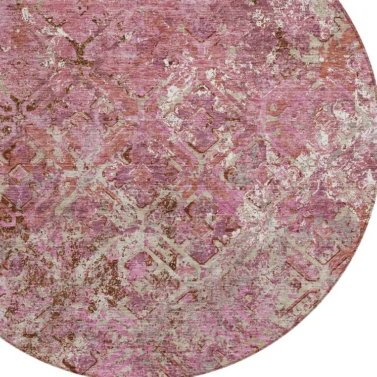 8' Pink Blush And Mauve Round Geometric Washable Indoor Outdoor Area Rug