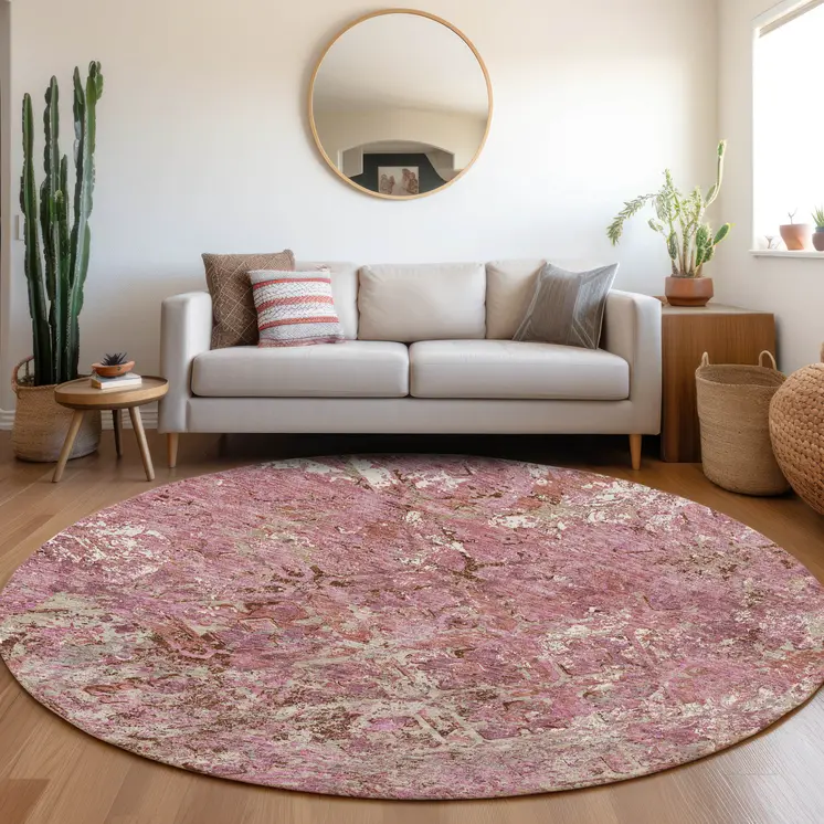 8' Pink Blush And Mauve Round Geometric Washable Indoor Outdoor Area Rug