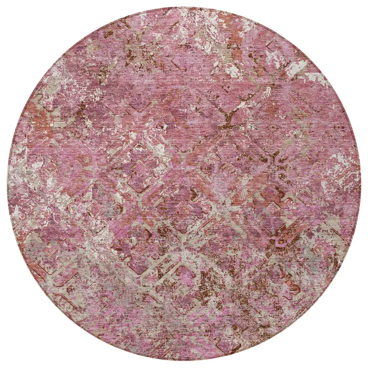 8' Pink Blush And Mauve Round Geometric Washable Indoor Outdoor Area Rug