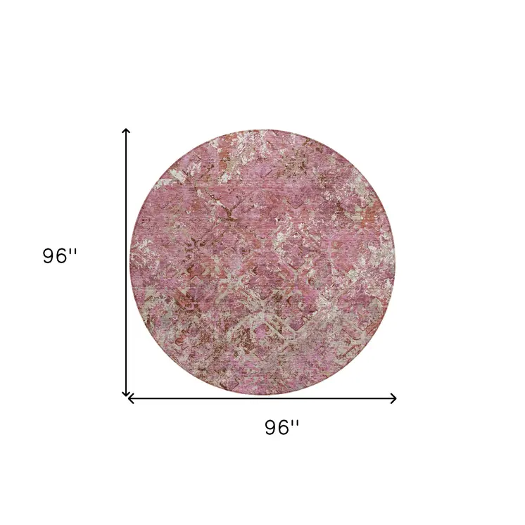 8' Pink Blush And Mauve Round Geometric Washable Indoor Outdoor Area Rug