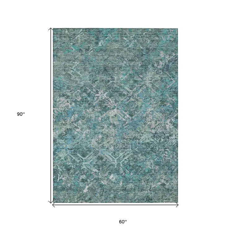 5' X 8' Sage Teal Blue And Gray Geometric Washable Indoor Outdoor Area Rug