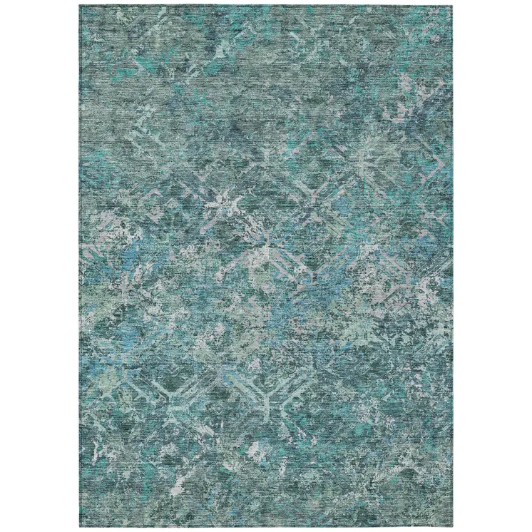 5' X 8' Sage Teal Blue And Gray Geometric Washable Indoor Outdoor Area Rug