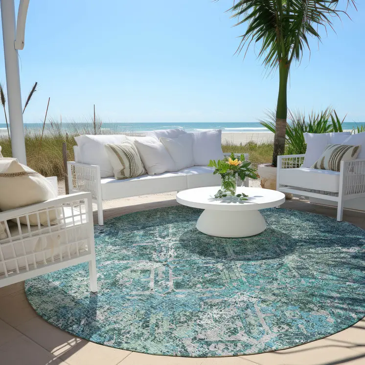 8' Sage Teal Blue And Gray Round Geometric Washable Indoor Outdoor Area Rug