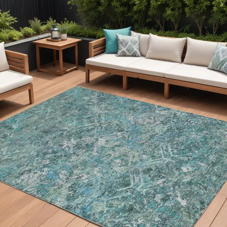 8' X 10' Sage Teal Blue And Gray Geometric Washable Indoor Outdoor Area Rug