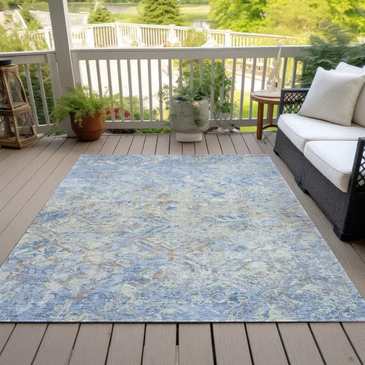 3' X 5' Sky Blue And Denim Blue Geometric Washable Indoor Outdoor Area Rug