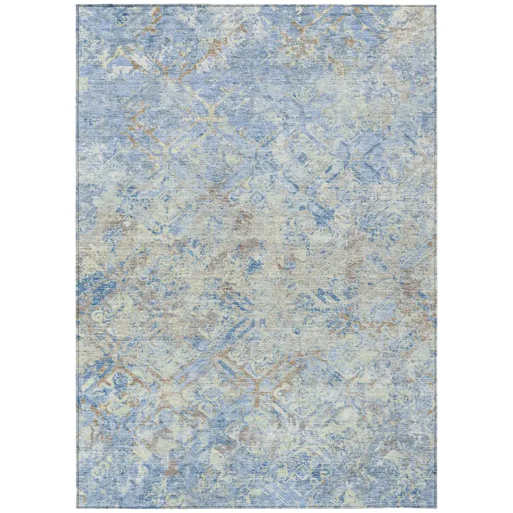 3' X 5' Sky Blue And Denim Blue Geometric Washable Indoor Outdoor Area Rug