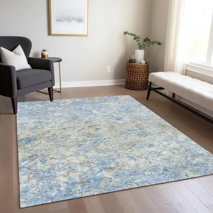 3' X 5' Sky Blue And Denim Blue Geometric Washable Indoor Outdoor Area Rug