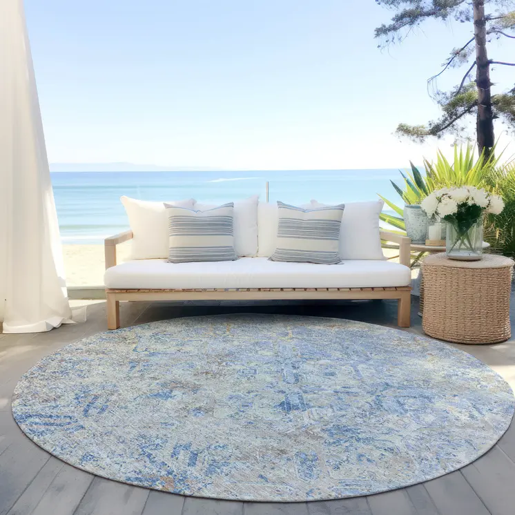 8' Sky Blue And Denim Blue Round Geometric Washable Indoor Outdoor Area Rug
