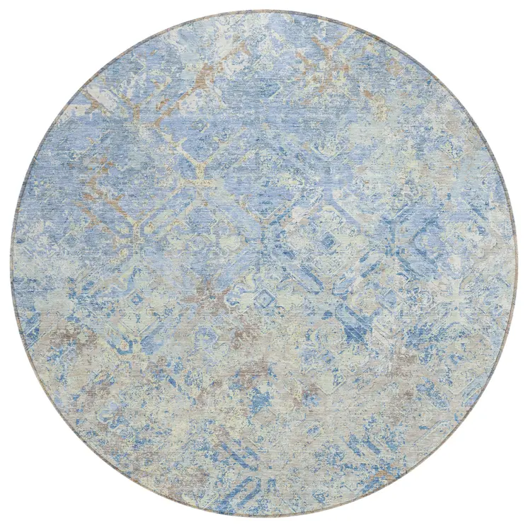 8' Sky Blue And Denim Blue Round Geometric Washable Indoor Outdoor Area Rug