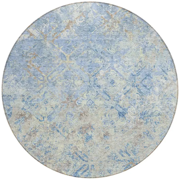 8' Sky Blue And Denim Blue Round Geometric Washable Indoor Outdoor Area Rug