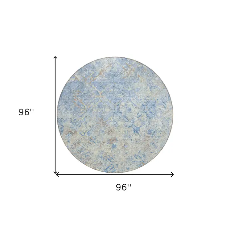 8' Sky Blue And Denim Blue Round Geometric Washable Indoor Outdoor Area Rug