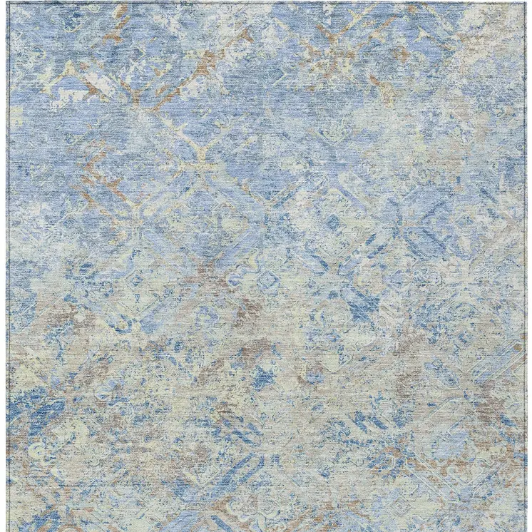 8' X 10' Sky Blue And Denim Blue Geometric Washable Indoor Outdoor Area Rug