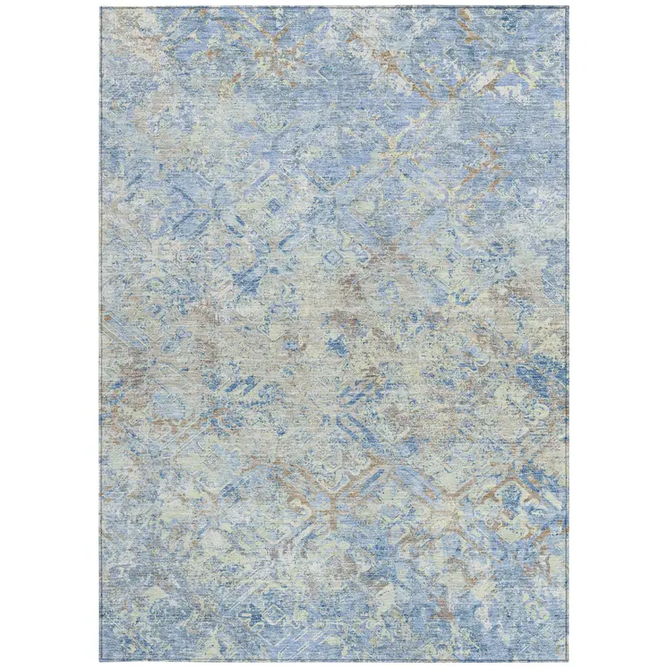 9' X 12' Sky Blue And Denim Blue Geometric Washable Indoor Outdoor Area Rug