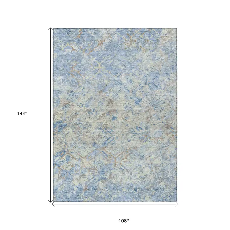 9' X 12' Sky Blue And Denim Blue Geometric Washable Indoor Outdoor Area Rug