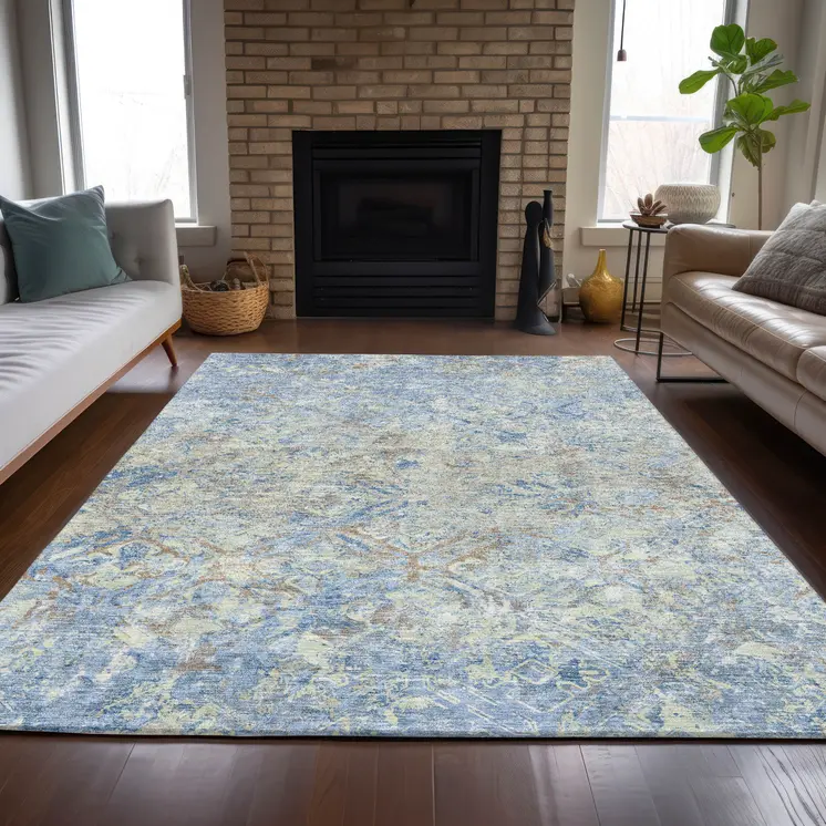 9' X 12' Sky Blue And Denim Blue Geometric Washable Indoor Outdoor Area Rug