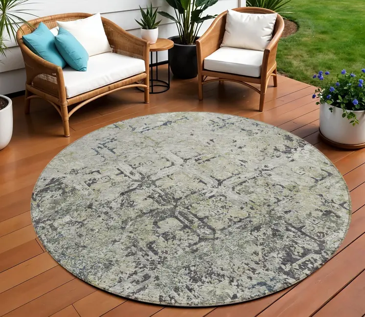 8' Silver Gray And Charcoal Round Geometric Washable Indoor Outdoor Area Rug