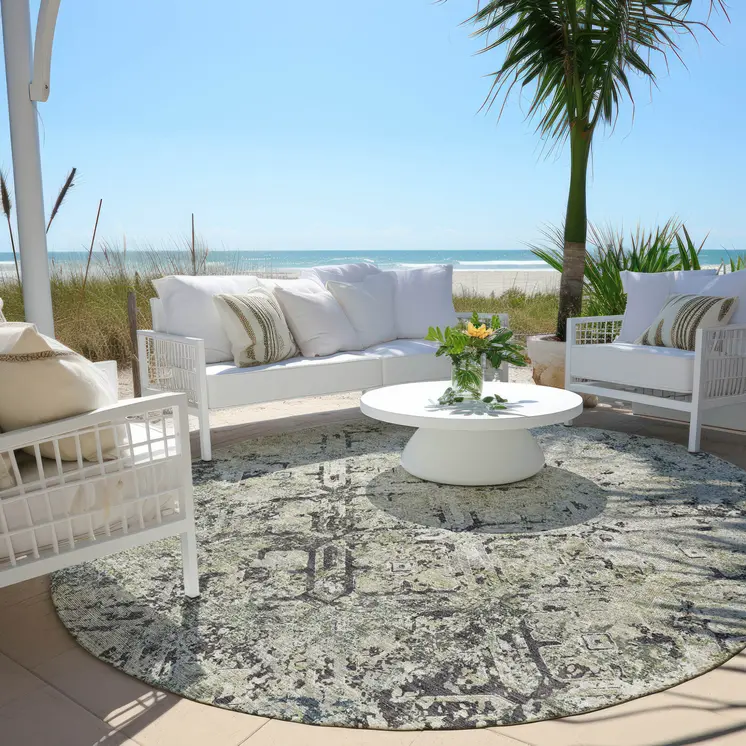 8' Silver Gray And Charcoal Round Geometric Washable Indoor Outdoor Area Rug