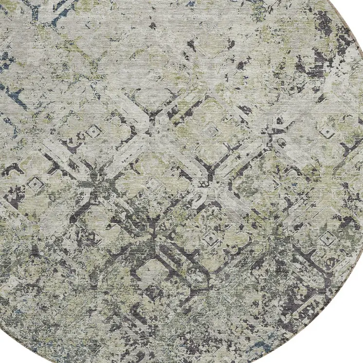 8' Silver Gray And Charcoal Round Geometric Washable Indoor Outdoor Area Rug