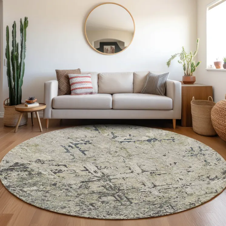 8' Silver Gray And Charcoal Round Geometric Washable Indoor Outdoor Area Rug