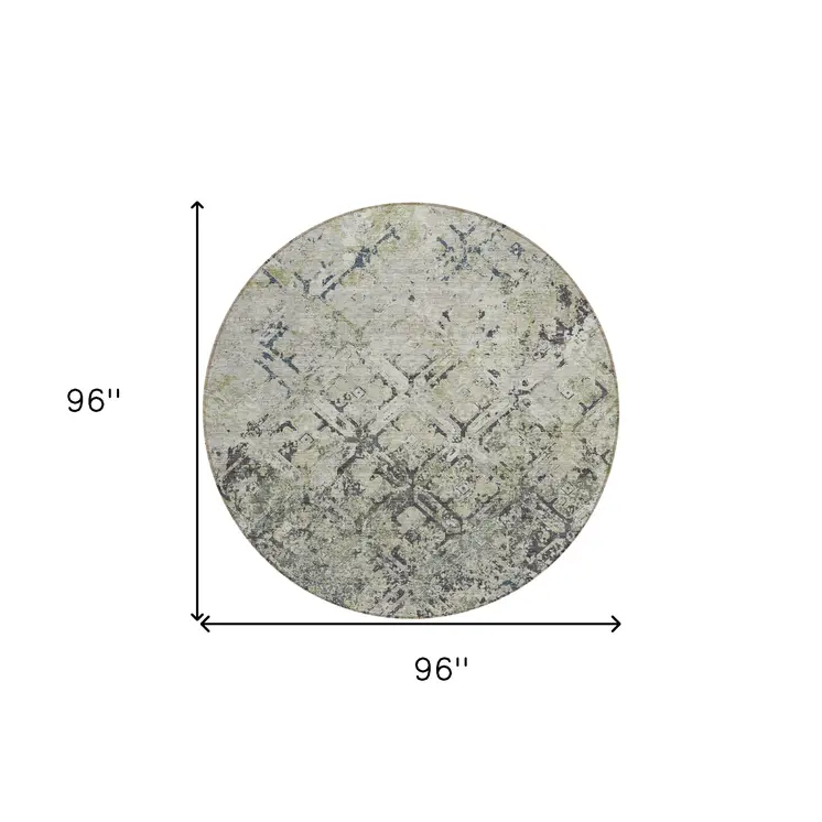 8' Silver Gray And Charcoal Round Geometric Washable Indoor Outdoor Area Rug