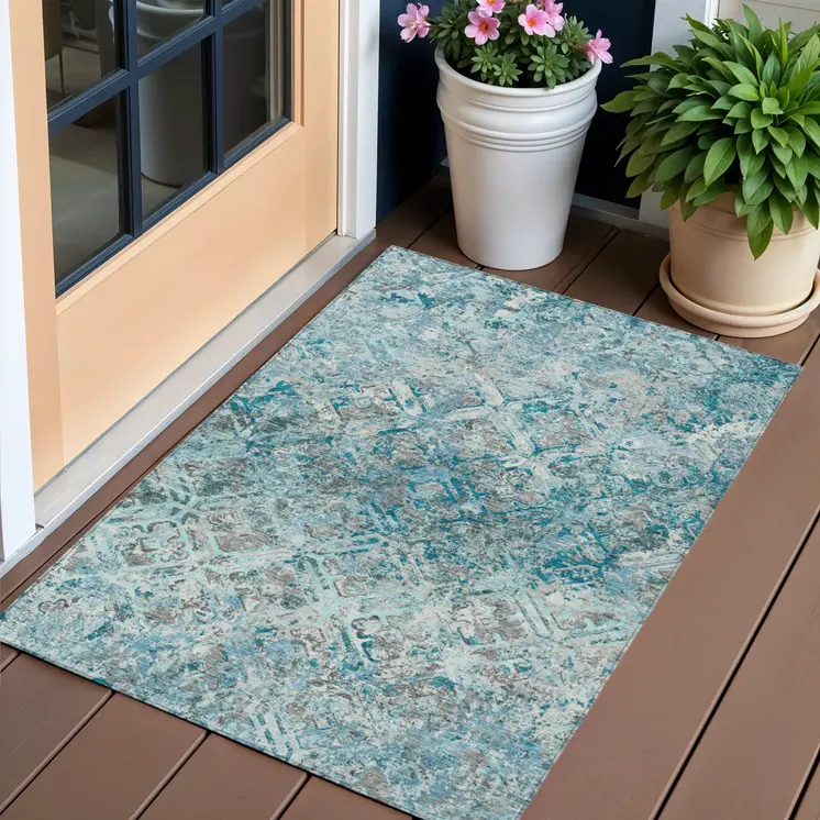 3' X 5' Teal Blue Gray And Charcoal Geometric Washable Indoor Outdoor Area Rug