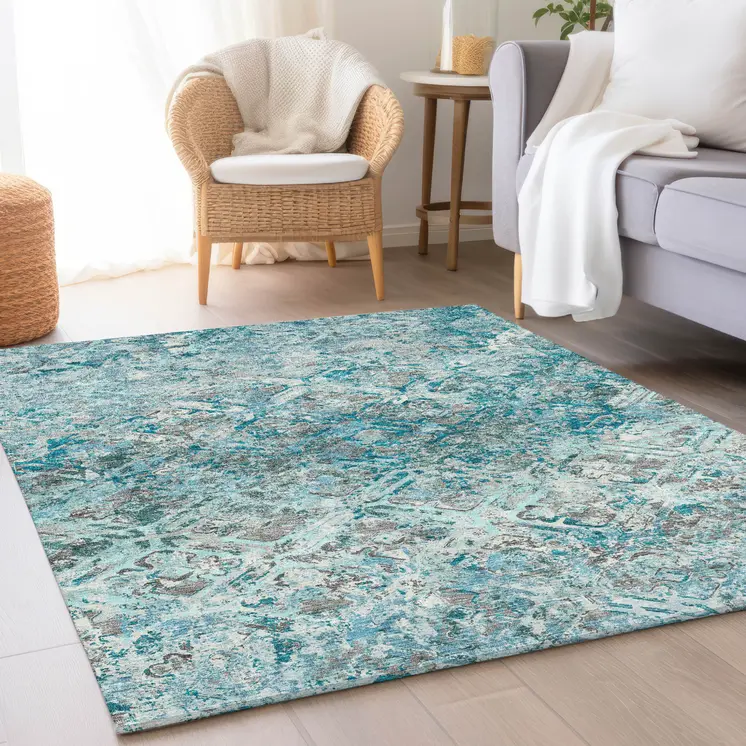3' X 5' Teal Blue Gray And Charcoal Geometric Washable Indoor Outdoor Area Rug