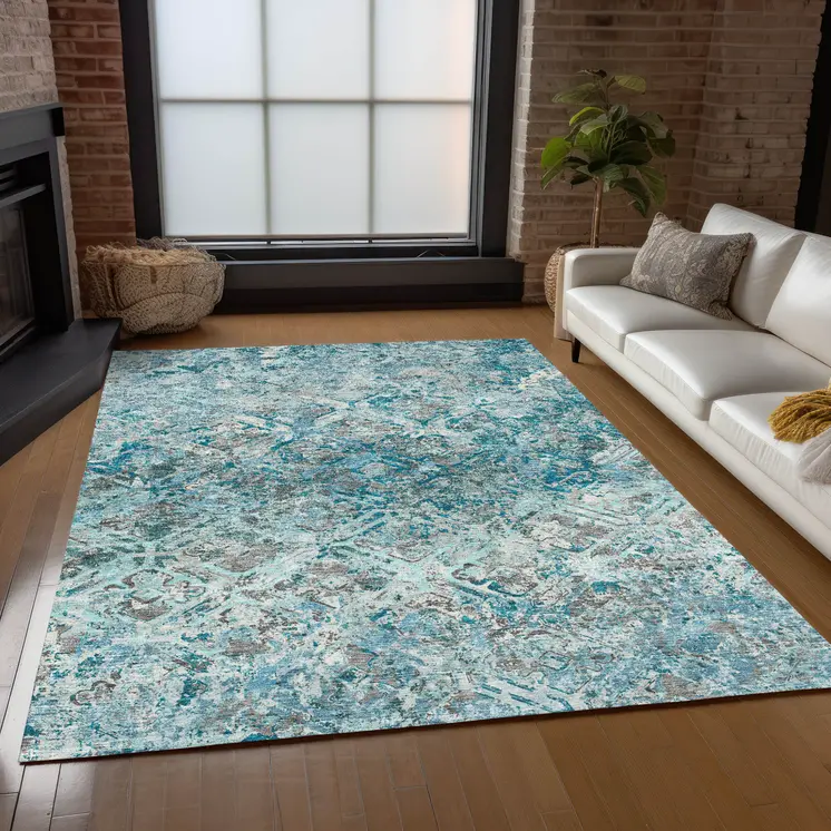 3' X 5' Teal Blue Gray And Charcoal Geometric Washable Indoor Outdoor Area Rug