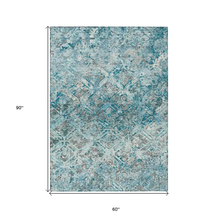 5' X 8' Teal Blue Gray And Charcoal Geometric Washable Indoor Outdoor Area Rug