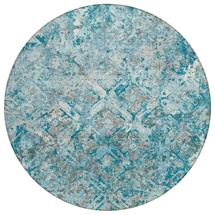 8' Teal Blue Gray And Charcoal Round Geometric Washable Indoor Outdoor Area Rug