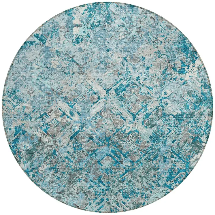 8' Teal Blue Gray And Charcoal Round Geometric Washable Indoor Outdoor Area Rug