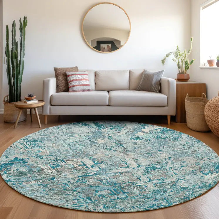 8' Teal Blue Gray And Charcoal Round Geometric Washable Indoor Outdoor Area Rug