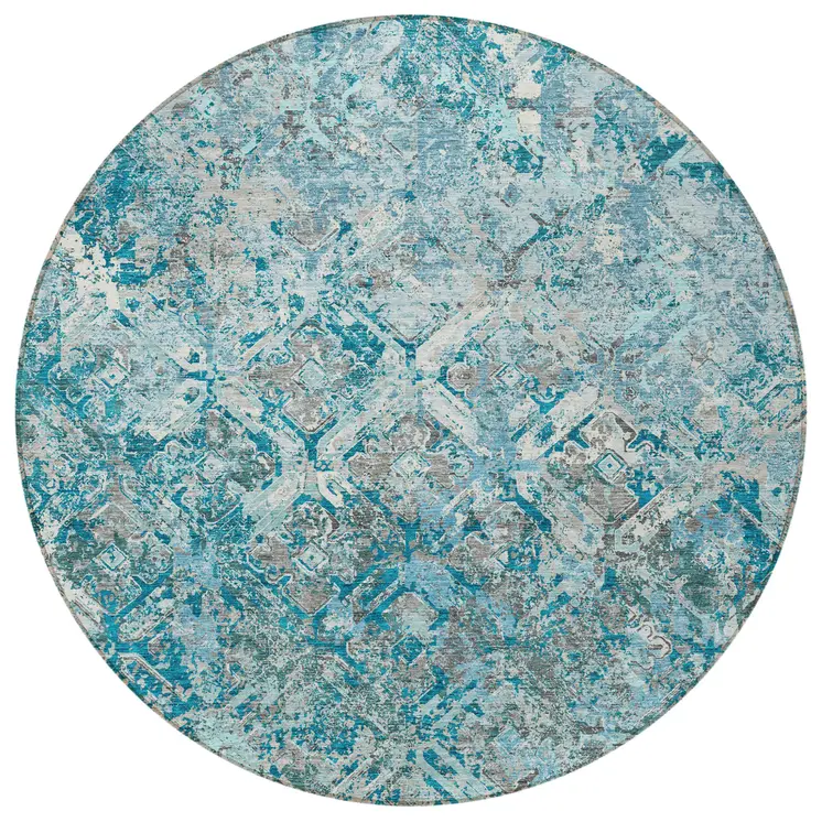 8' Teal Blue Gray And Charcoal Round Geometric Washable Indoor Outdoor Area Rug