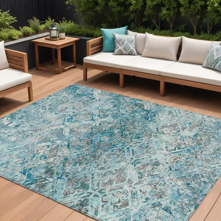 9' X 12' Teal Blue Gray And Charcoal Geometric Washable Indoor Outdoor Area Rug