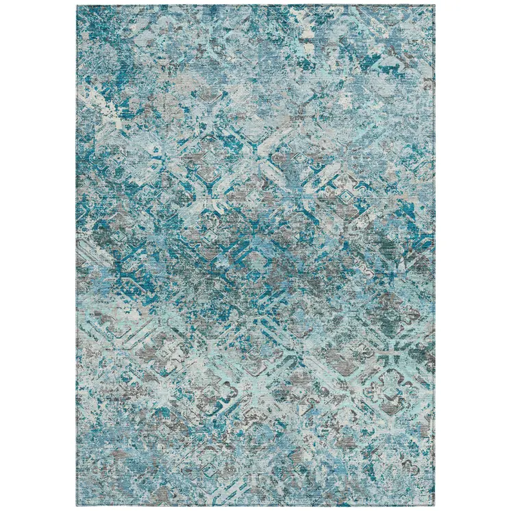 10' X 14' Teal Blue Gray And Charcoal Geometric Washable Indoor Outdoor Area Rug